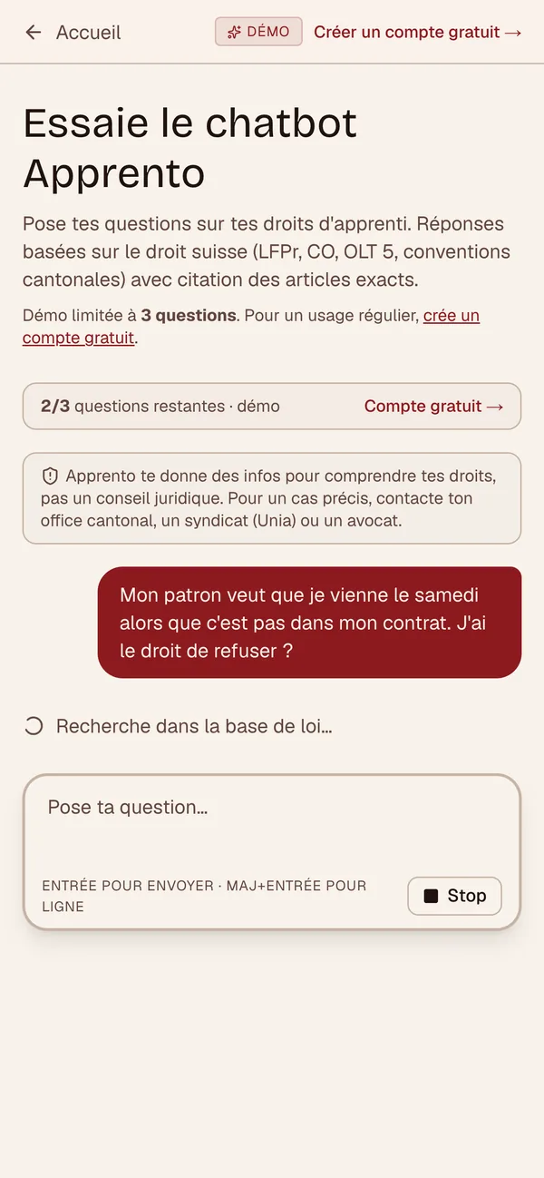 Apprento, écran 1 sur téléphone, capture du 25.09.2026